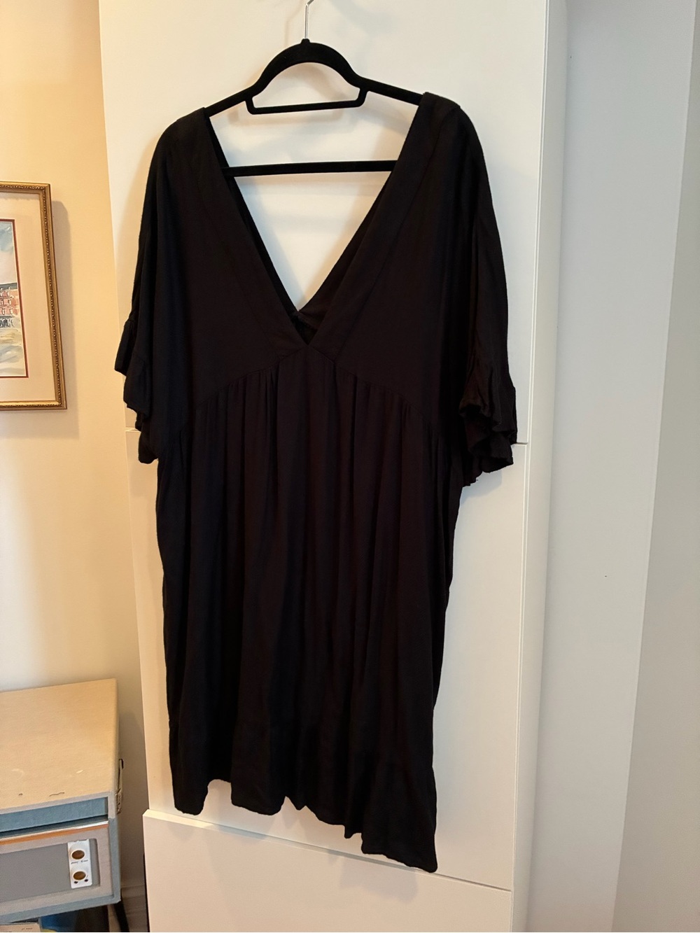 Black Deep V-Neck Flutter Sleeve Dress - Size 16